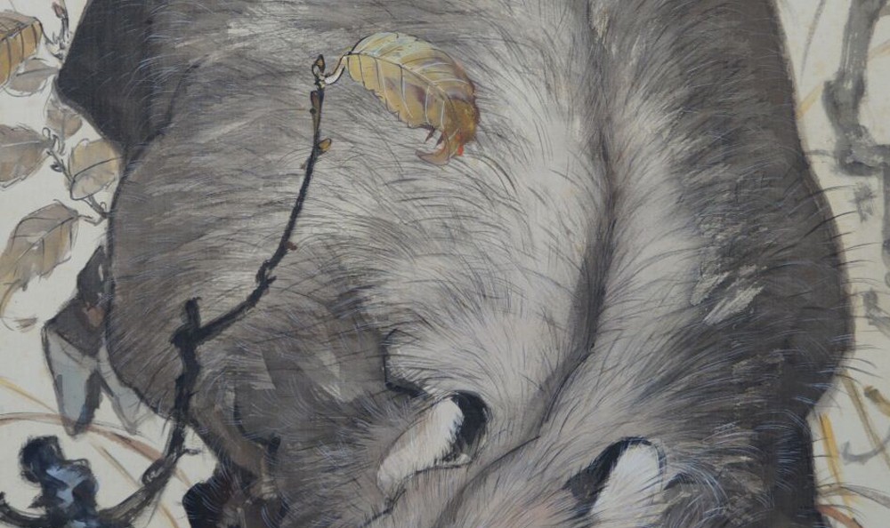 Kakemono von Saegusa Sokō: Wildschwein im herbstlichen Laub.