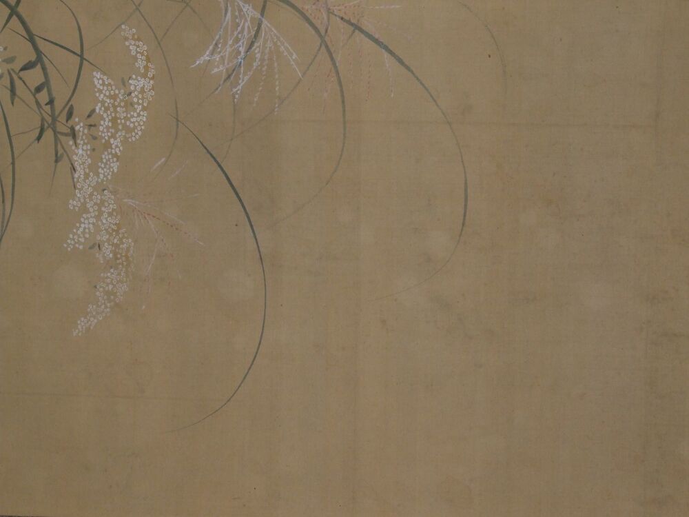 Further macro shot of the autumn grasses and blossoms in the hanging scroll quails in autumn grass