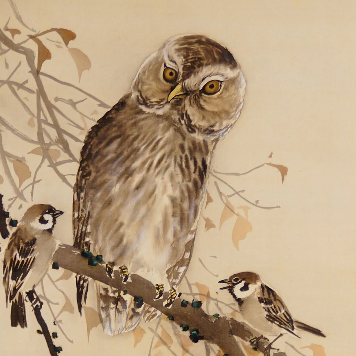 Eule mit zwei Spatzen auf einem Zweig im Kakemono Eule und Spatzen von Nakajima Kaho