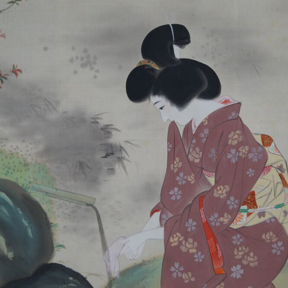 Gesamtmotiv der sich ueber den Gartenteich beugenden Dame mit Kuenstlersignatur im Kakemono Dame im Kimono am Gartenteich, ohne Rahmung