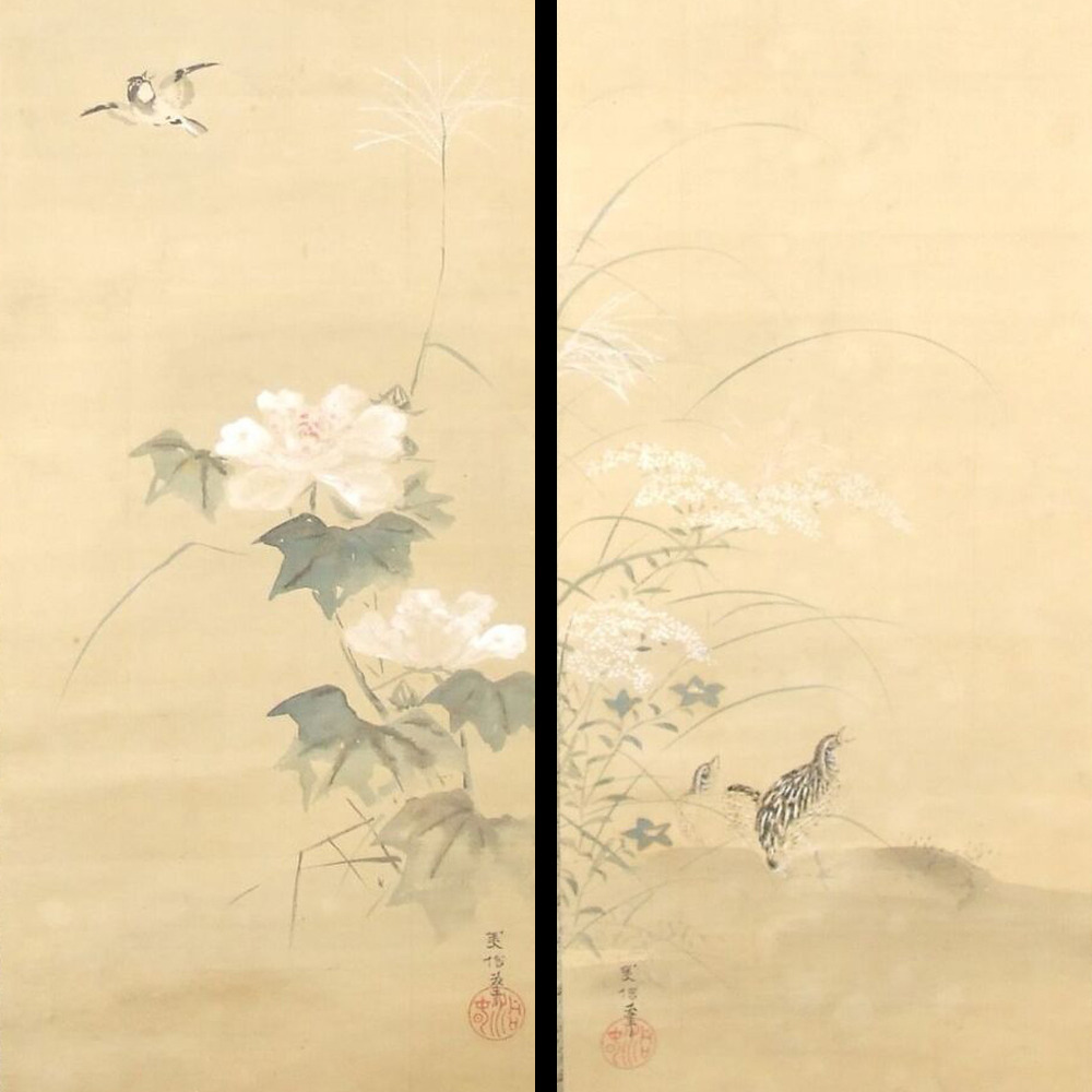 Gesamtmotiv beider Kakemono des Sets Voegel und herbstliche Blumen nebeneinander, ohne Rahmung