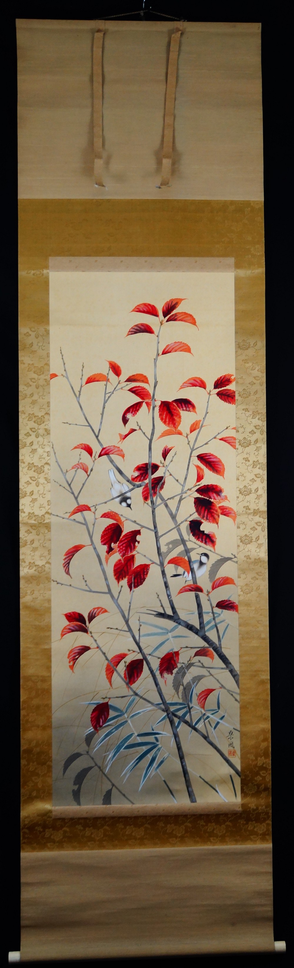 Herbstwind im Bambushain Kakemono von Abe Kinshu Gesamtansicht Rollbild