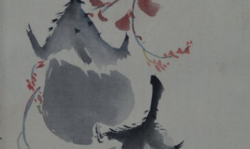 Kakemono von Tanaka Hakuin: japanische Aubergine, in Tusche und Farbe gemalt.