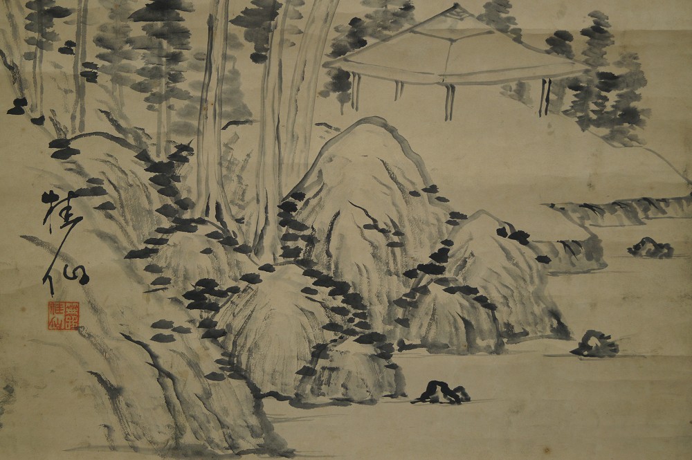 Paysage rouleau suspendu motif bambou-et-pavillon gros plan