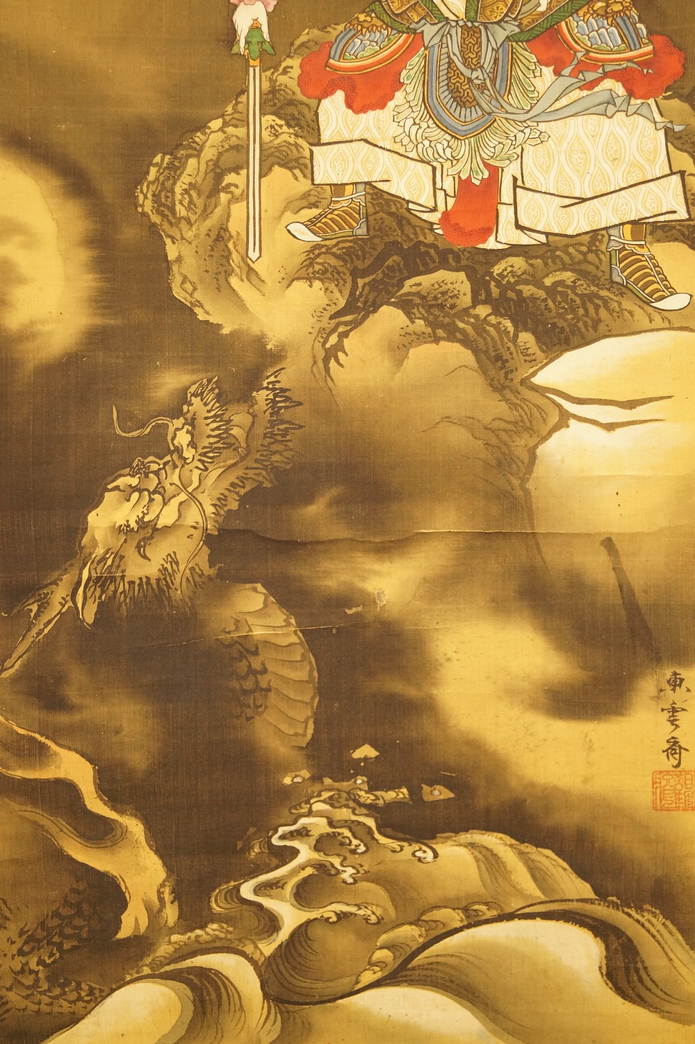 Drache und Samurai von Yamamura Somon Signatur und Siegel Nahaufnahme