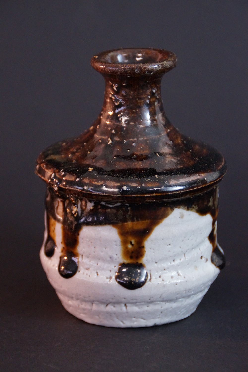 Frontalansicht der handgetoepferten Karatsu Sake Flasche mit erdfarbener Glasur