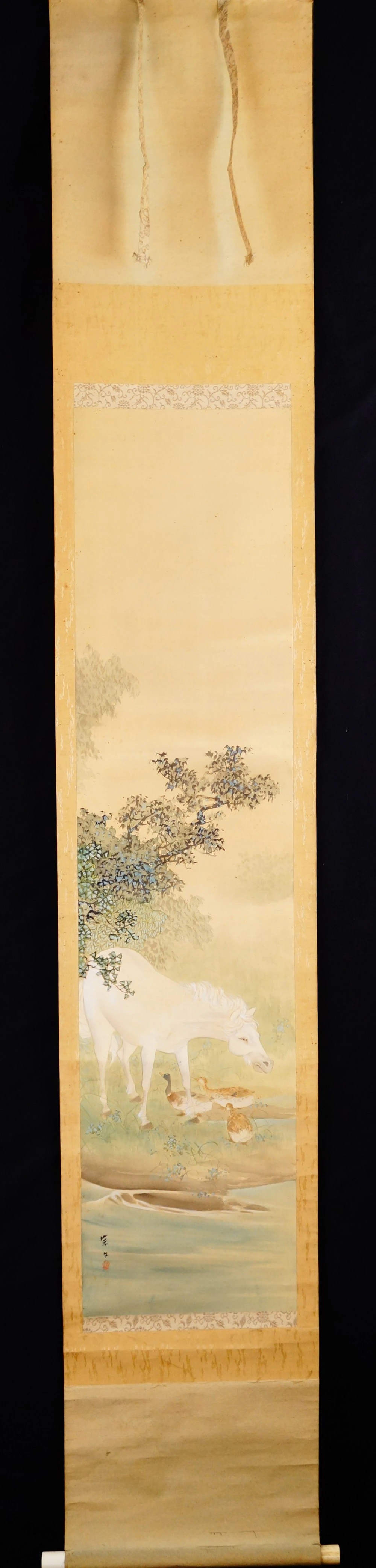 Full View of the Kakemono with White Horse and Ducks by Sobun, Hung with Hanging Cord