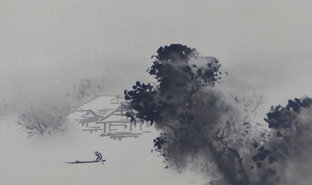 Kakemono by Hashimoto Gahō: house on a misty mountain slope, ink and color on silk.