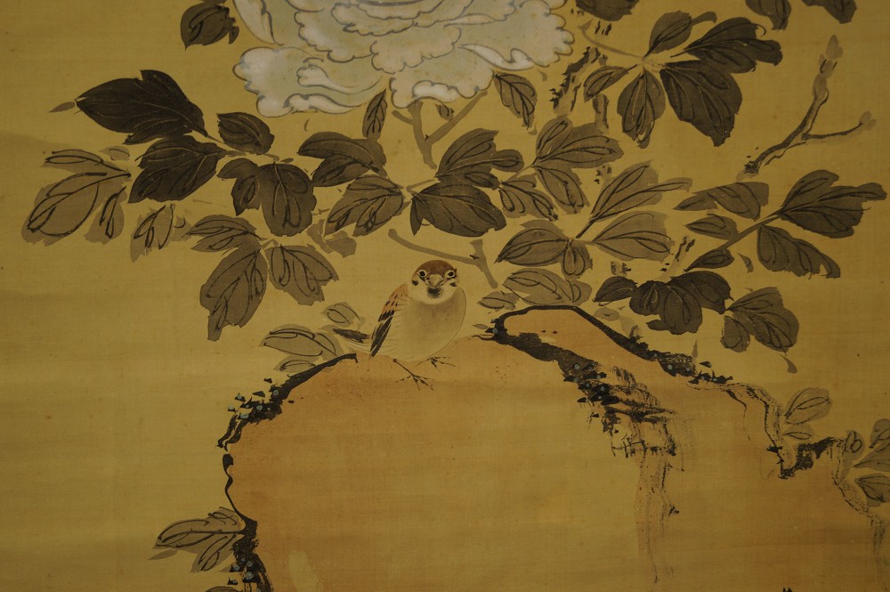 Spatzen und Chrysanthemen Rollbild Spatz-Motiv Nahaufnahme 2