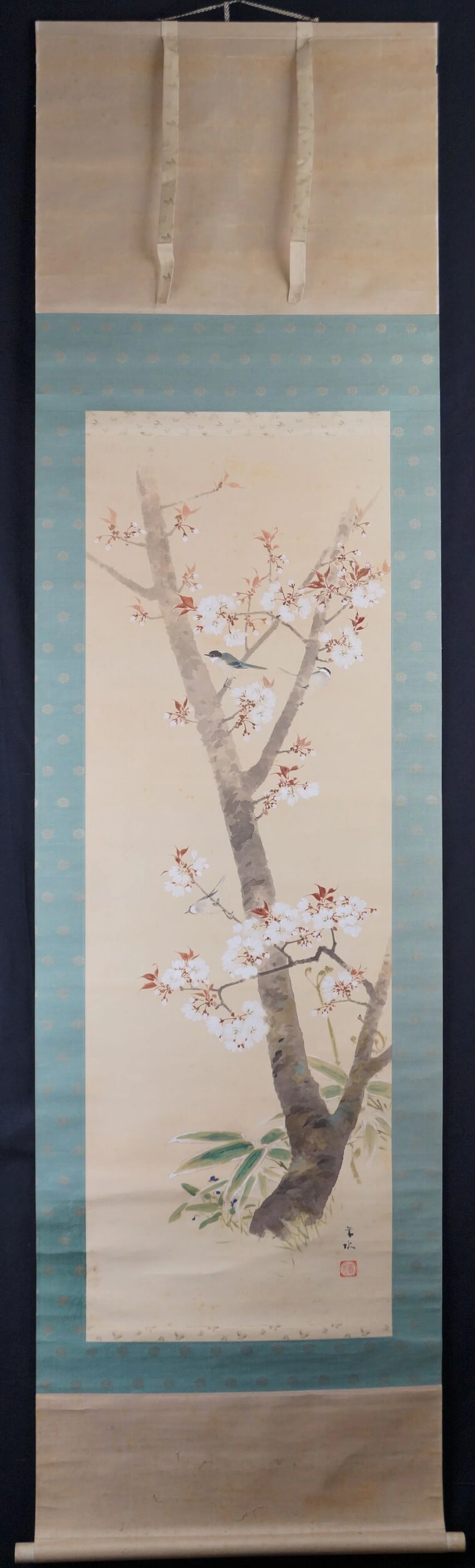 Kakemono Fruehling an der alten Kirschbluete von Suma Taisui in voller gerahmter Ansicht