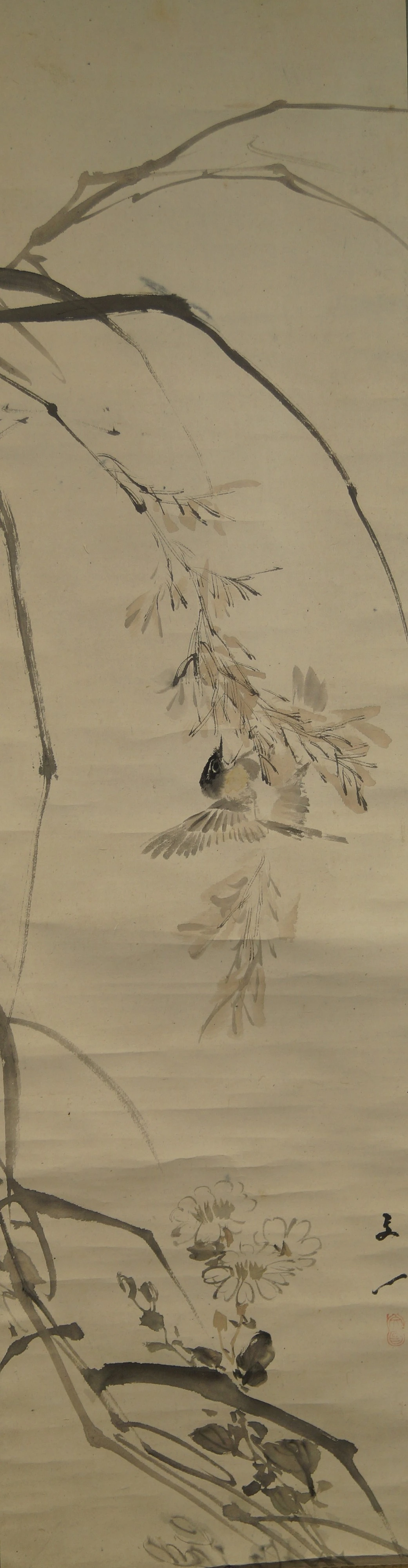 Hanging Scroll Sparrow among Autumn Grasses and Chrysanthemums Full Motif Without Mounting