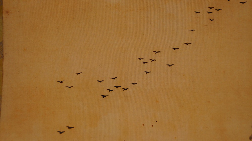 Fernweh im Nebeltal Kakemono von Shimizu Tenmin Vogelschwarm-Motiv Nahaufnahme
