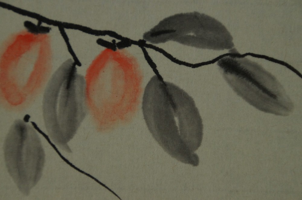 Close-up of the bright orange persimmon fruits on the branch