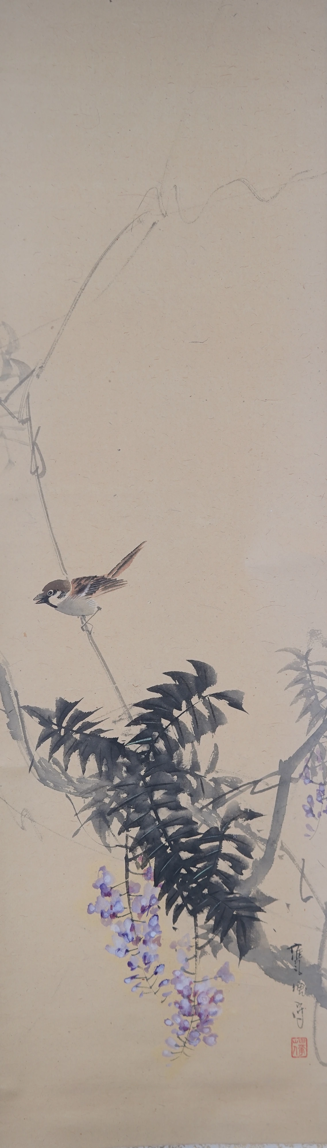 Full motif of the Kakemono Sparrow on Wisteria with artist's signature and seal, without mounting