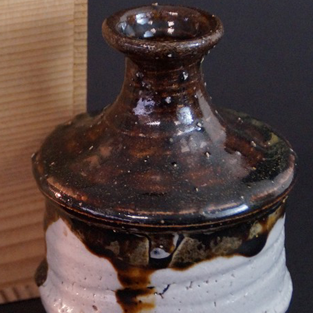 Vorschau-Nahaufnahme der Karatsu Sake Flasche mit Aufbewahrungsbox im Hintergrund