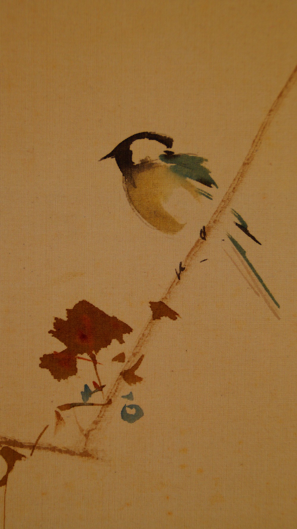 Nahaufnahme des auf dem Rebzweig sitzenden Singvogels im Kakemono Singvogel auf Rebe von Mori Getsujo