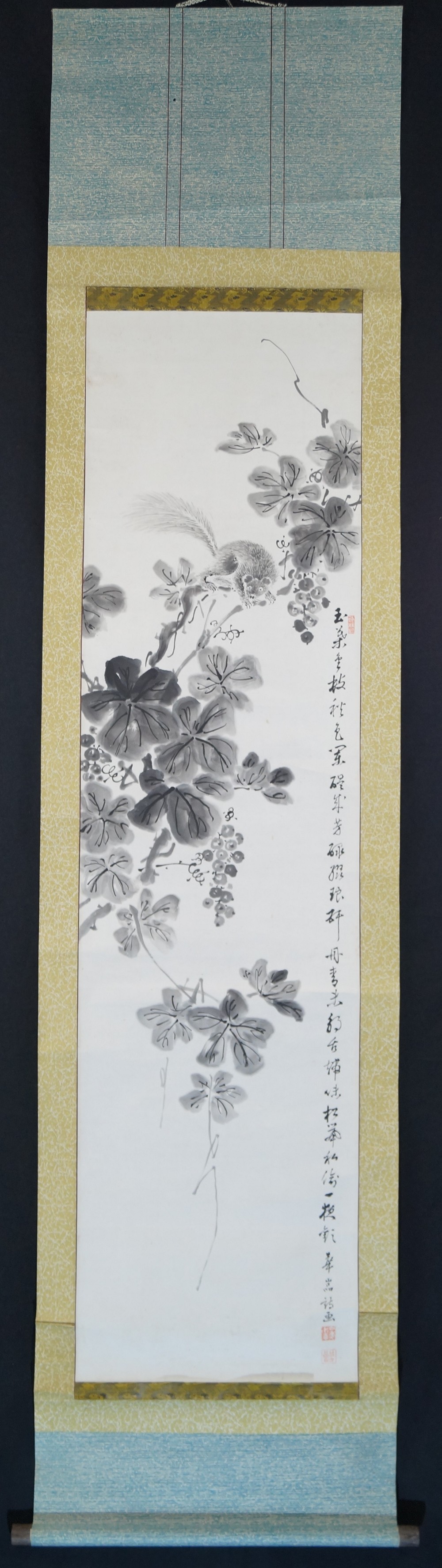 Squirrel in Grapevine Leaves Kakemono Full View Hanging Scroll