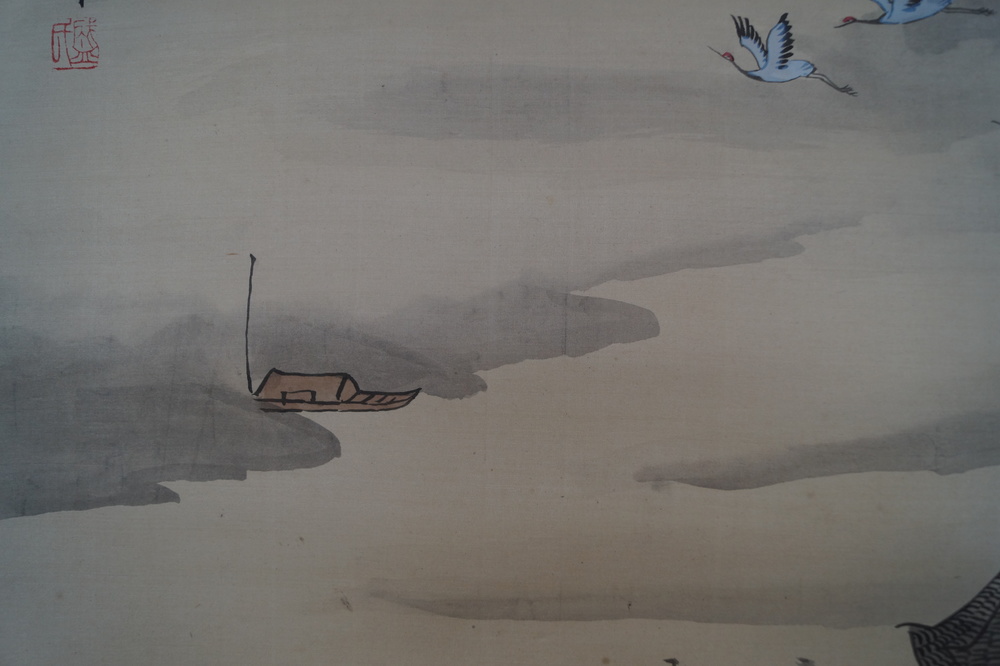 Paysage au clair de lune Kakejiku motif de bateau gros plan