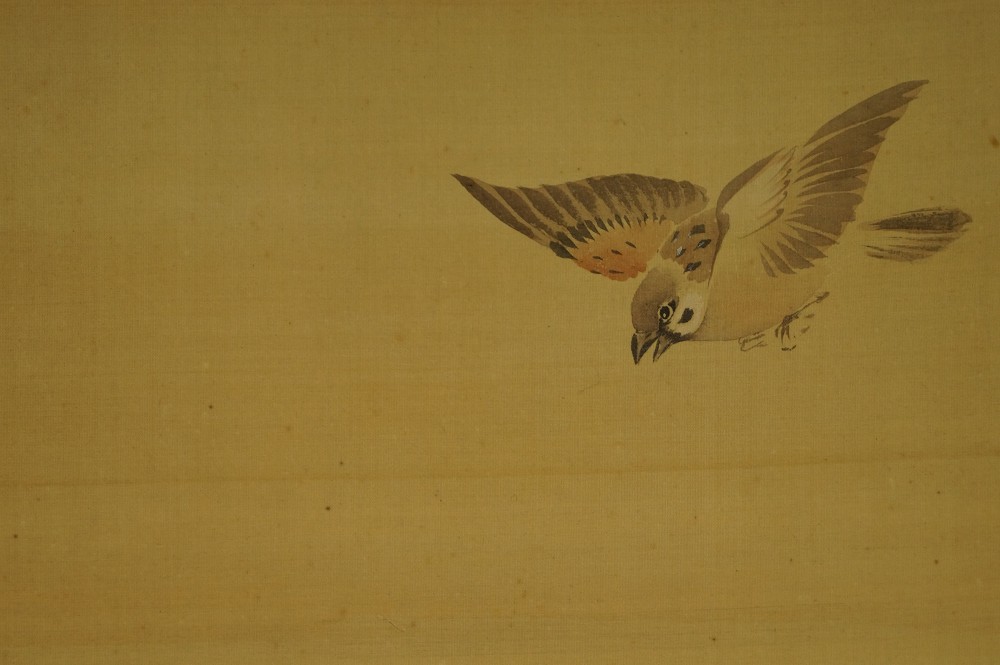 Spatzen und Chrysanthemen Rollbild Spatz-Motiv Nahaufnahme 1