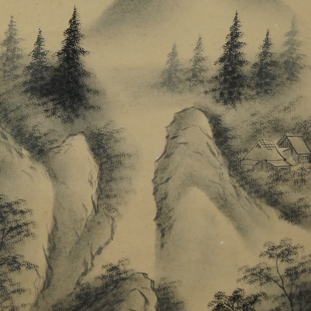 Landschaft mit Berghuetten im Nebel Vorschau Nahaufnahme der Felsspitzen und Huetten Motiv Nahaufnahme Vorschau