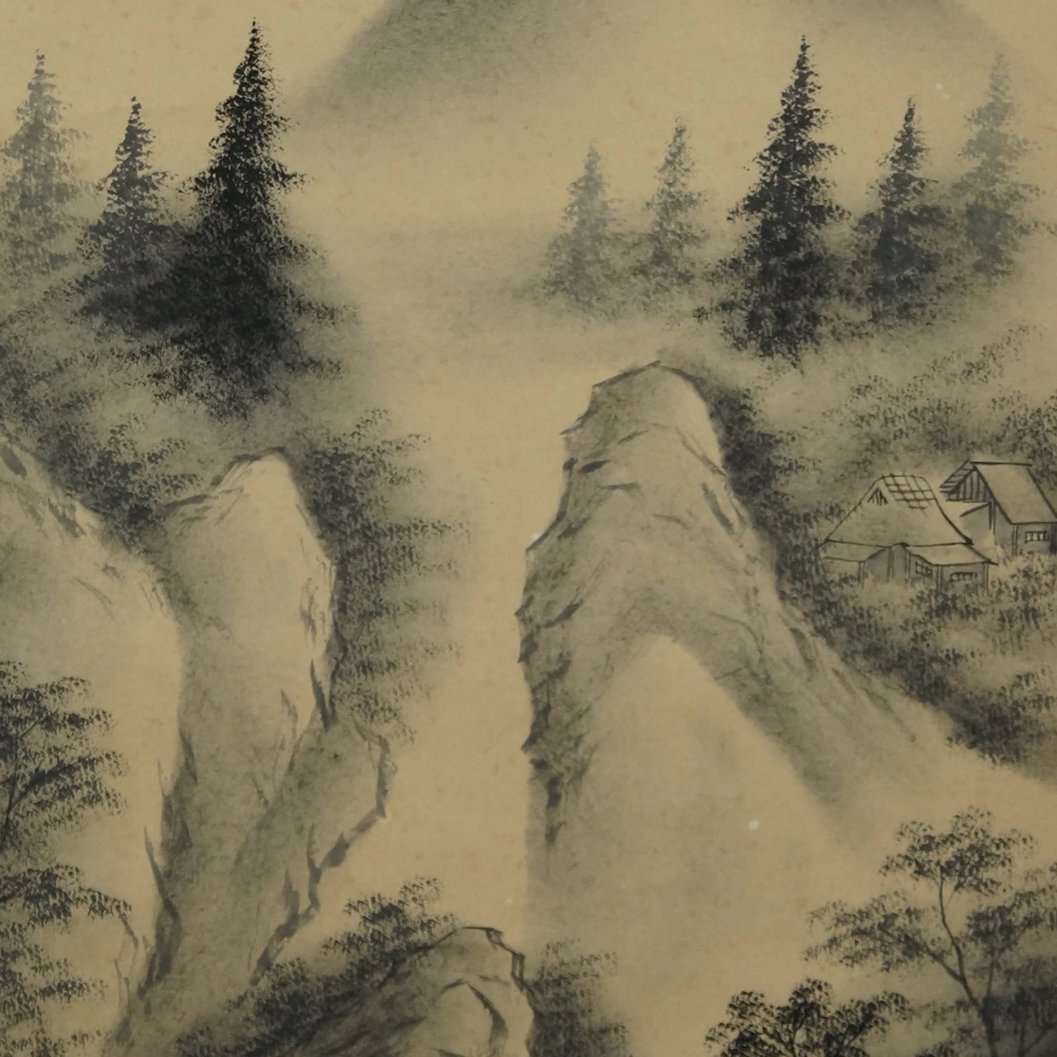 Landschaft mit Berghuetten im Nebel Vorschau Nahaufnahme der Felsspitzen und Huetten Motiv Nahaufnahme Vorschau