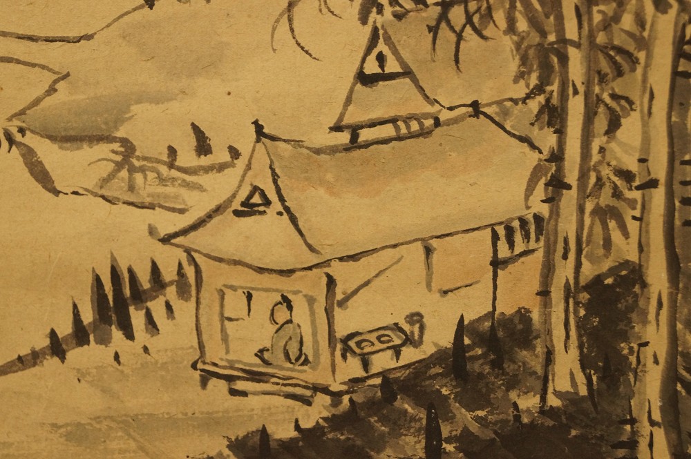 Kakemono de paysage, motif de village, gros plan 2