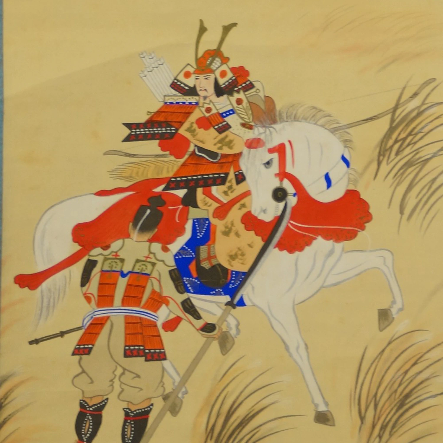 Vorschau-Nahaufnahme des Samurai zu Pferd mit Gefolgsmann im Herbstgras