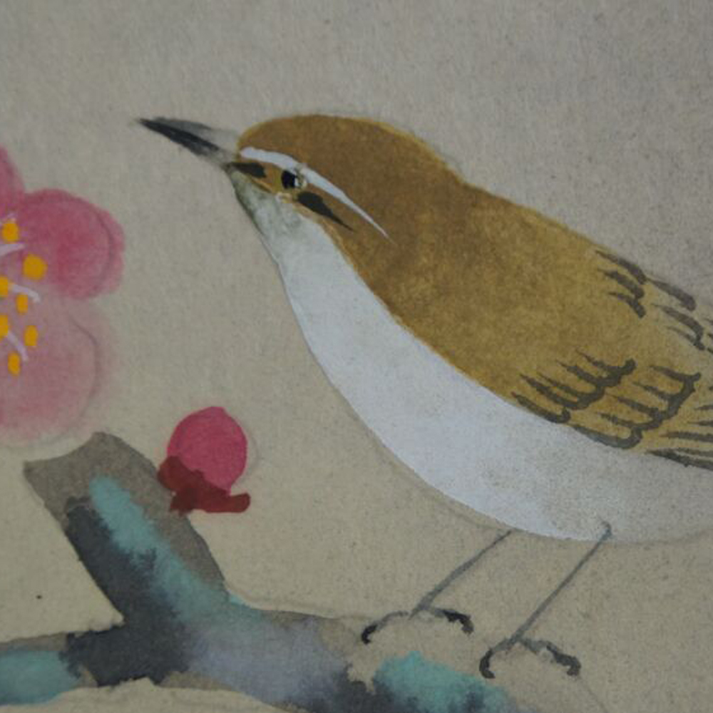 Nahaufnahme des Singvogels mit Pflaumenbluete im Kakemono Singvogel am bluehenden Pflaumenbaum