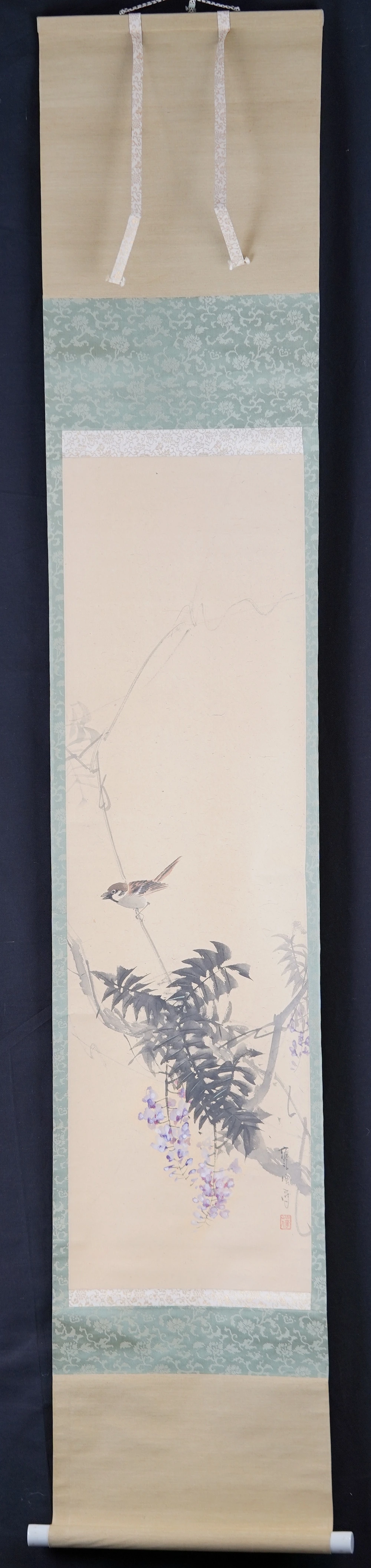 Hanging Scroll Sparrow on Wisteria by Nakahara Yoto in Full Framed View