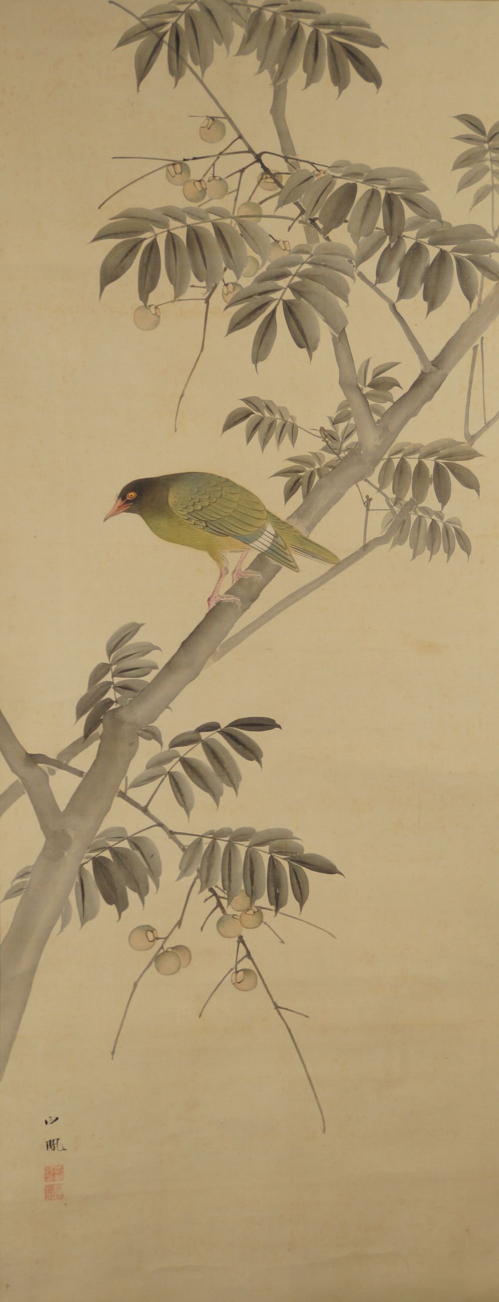 Oiseau sur un arbre fruitier par Takebe Hakuho avec un oiseau vert sur une branche fruitière